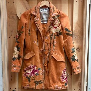 Floral Embroidered Orange Pea Coat Small